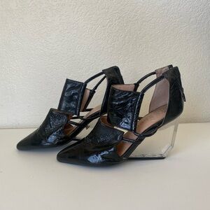 Jeffrey Campbell Devandra Patent Black Leather Clear Wedge Booties Size 7